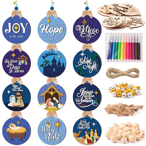 12 Styles Unfinished Wooden Christmas Ornaments Kit with Paint Pens C49307