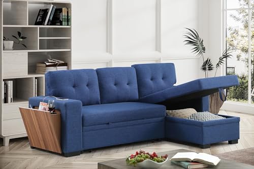 Blue Linen L Shaped Sectional Sofa with Pull Out Bed and Storage Chaise I34439