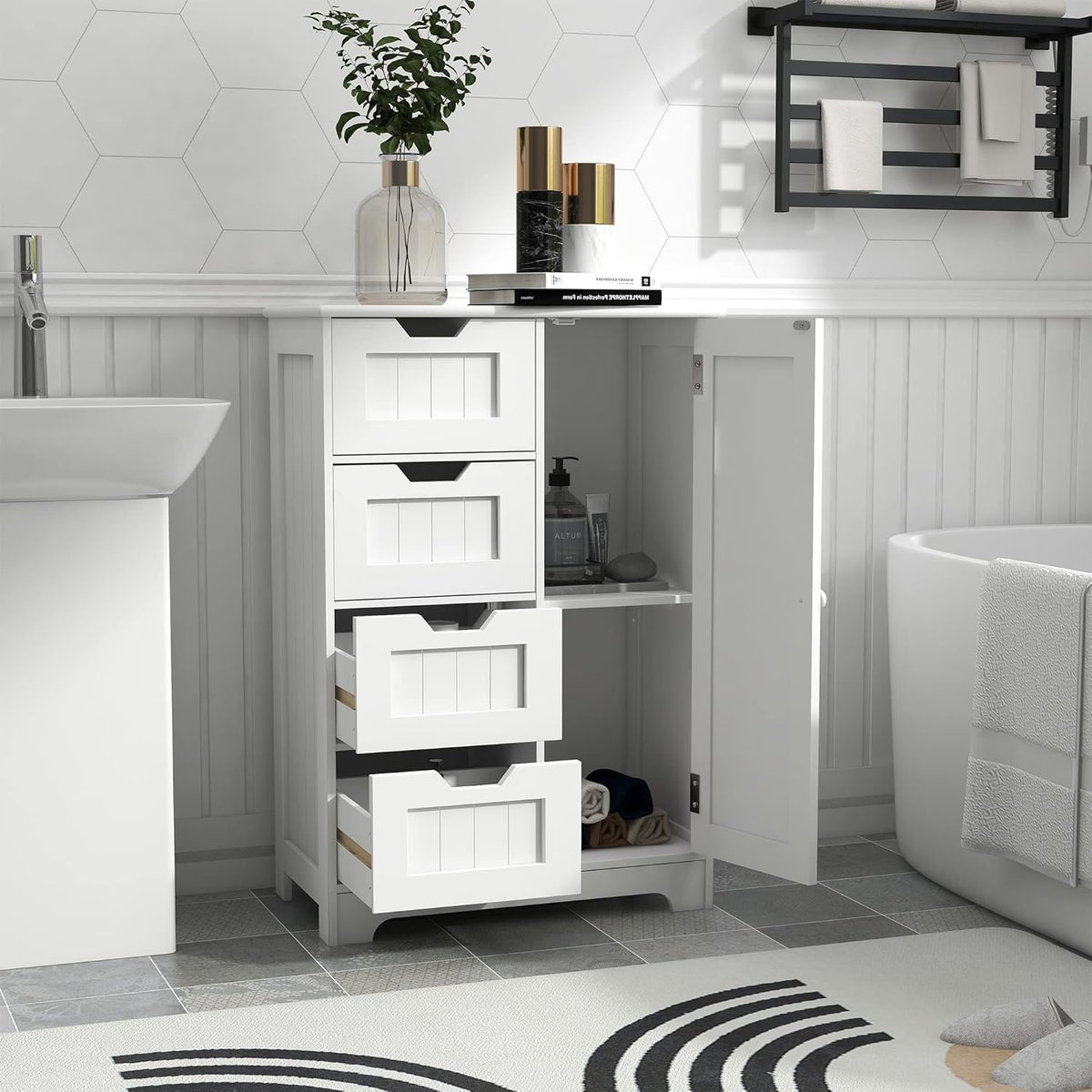 White Freestanding Bathroom Storage Cabinet with 4 Drawers and 1 Door N500