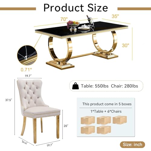 7 Piece White Marble Dining Table Set with 6 Grey Velvet Upholstered Chairs E7371