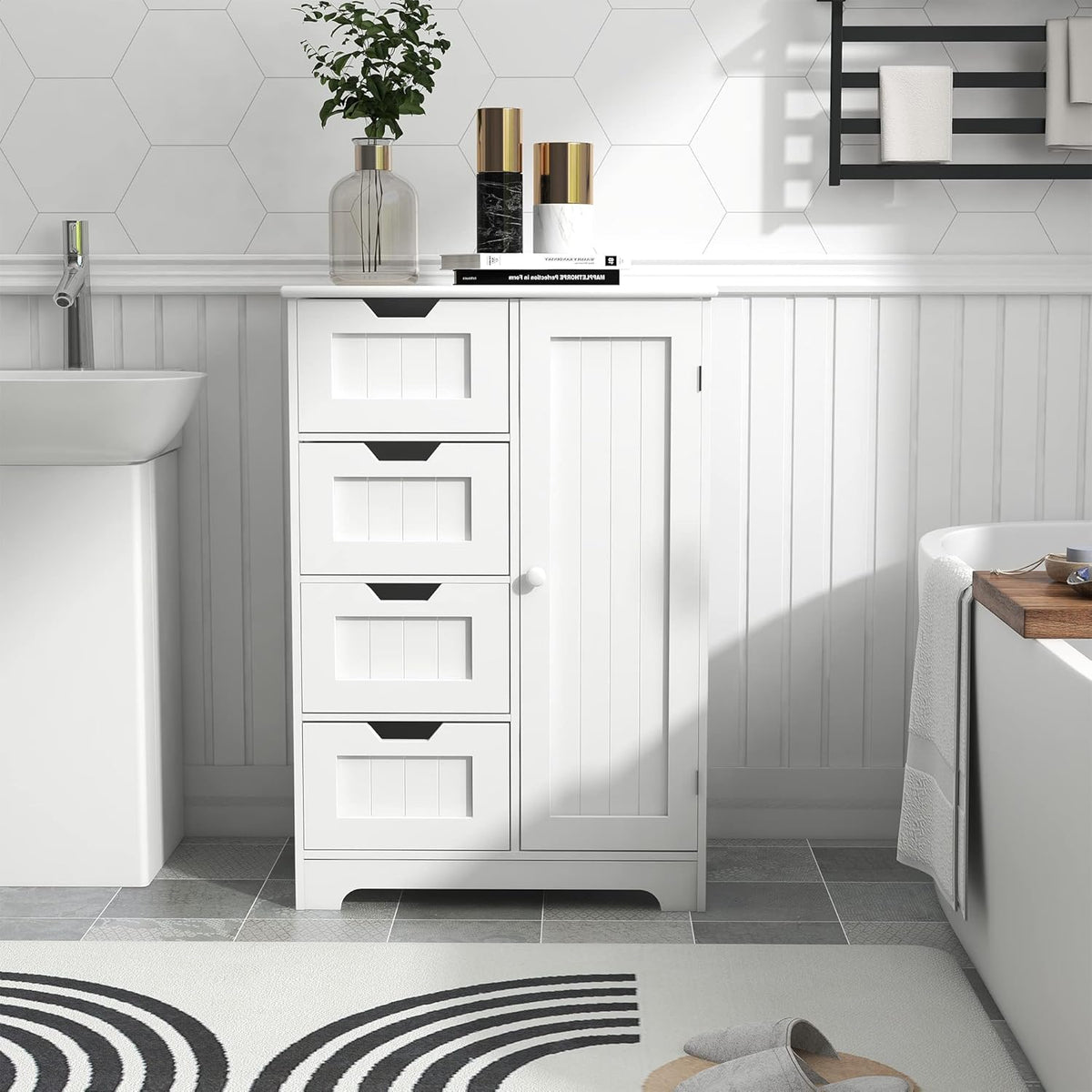 White Freestanding Bathroom Storage Cabinet with 4 Drawers and 1 Door N500