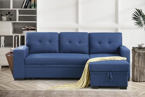 Blue Linen L Shaped Sectional Sofa with Pull Out Bed and Storage Chaise I34439