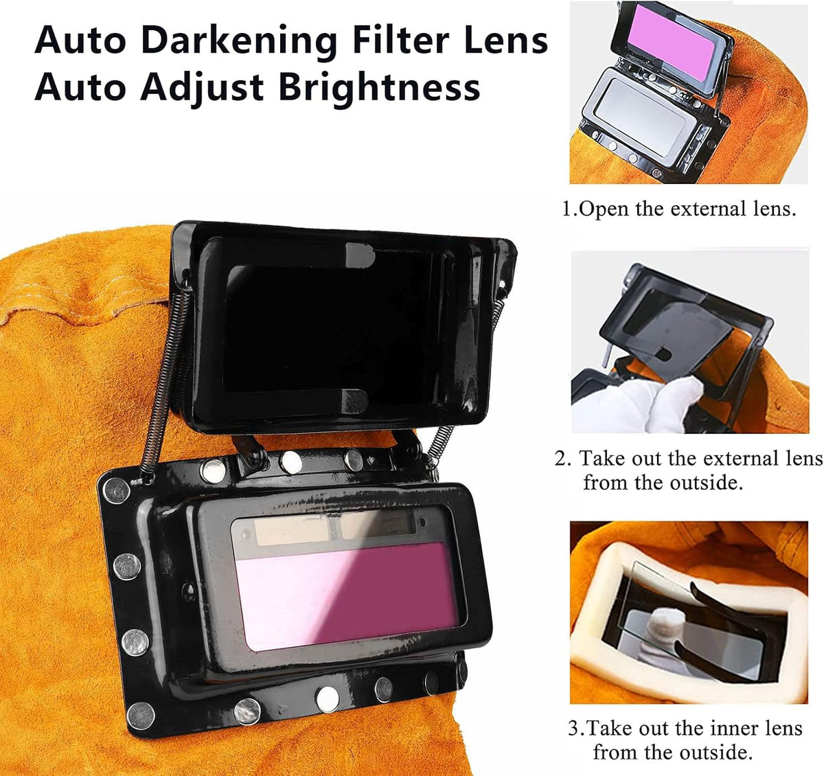 Yellow Leather Welding Helmet with Solar Auto Darkening Filter Q389006