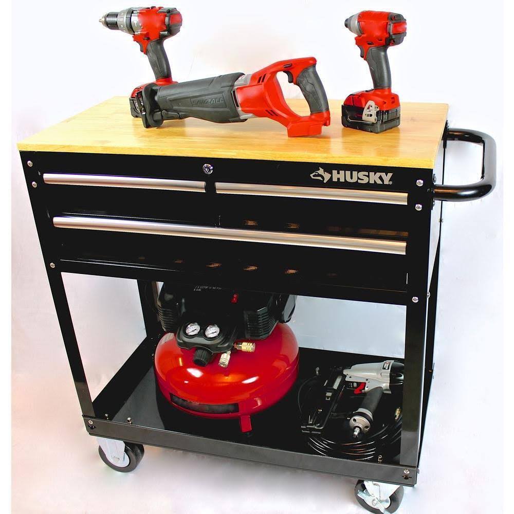 36 in. 3-Drawer Rolling Tool Cabinet Cart with Wood Top Black X420