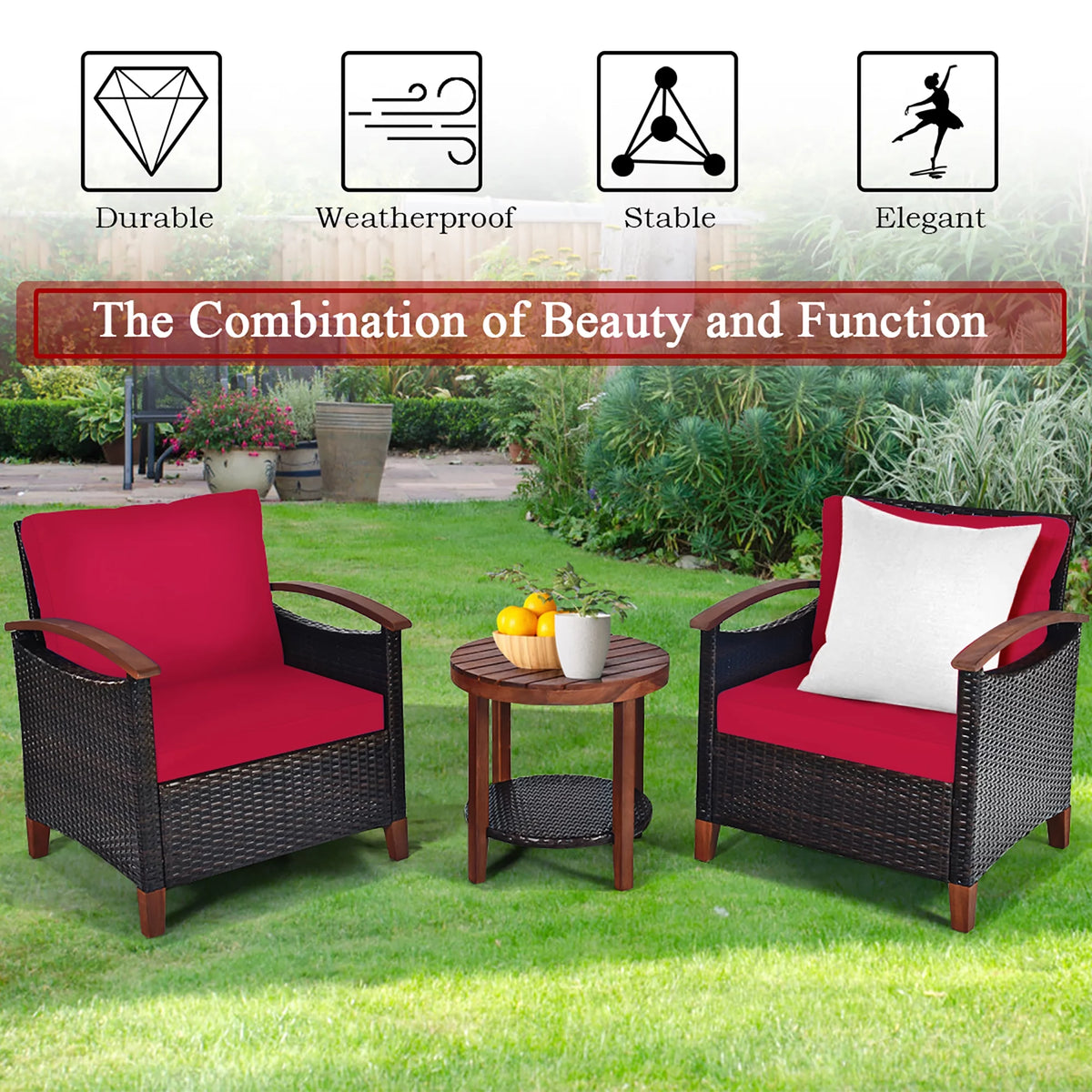3 Pc Patio Rattan Furniture Set with Cushion V92533