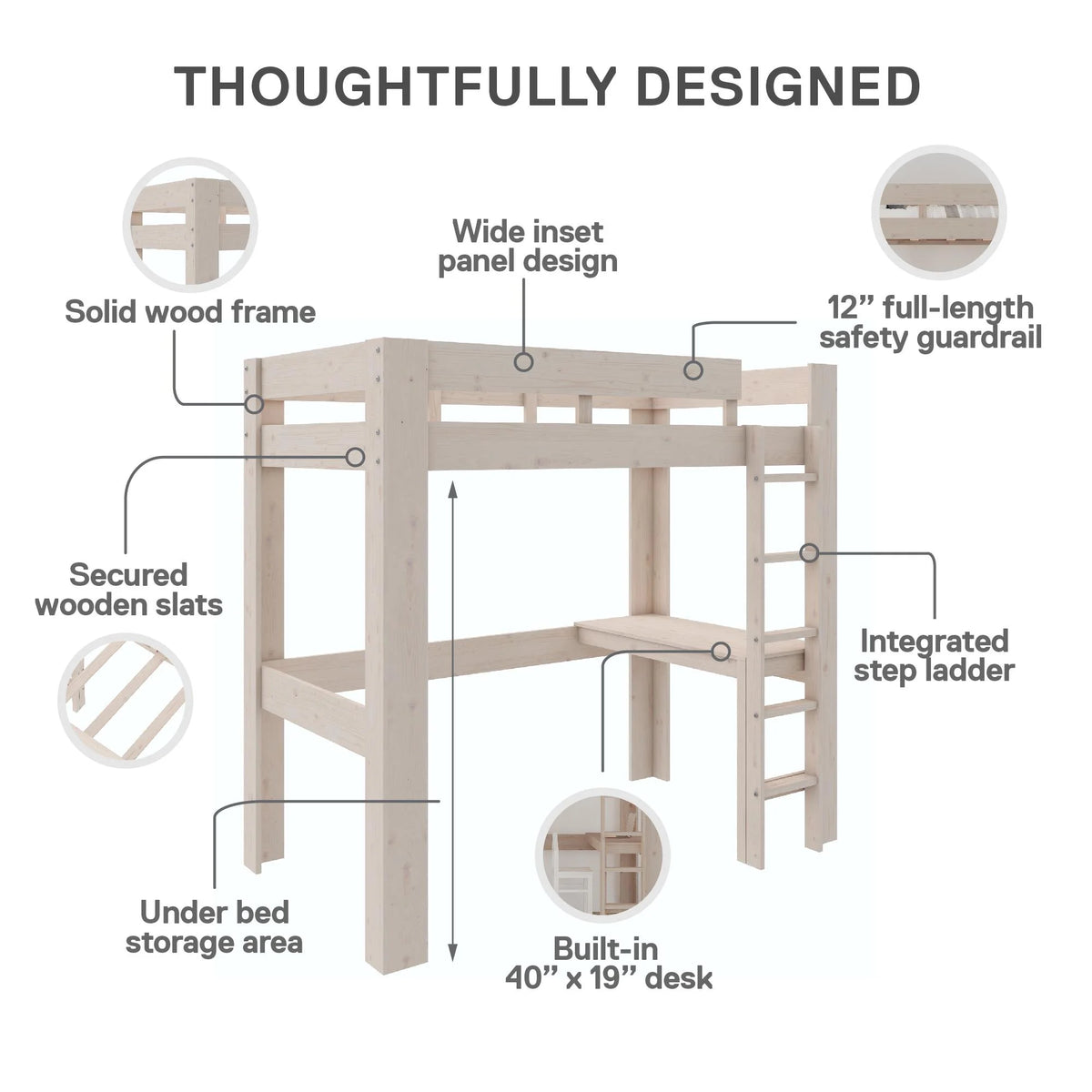 Twin Solid Wood Loft Bed with Desk A530