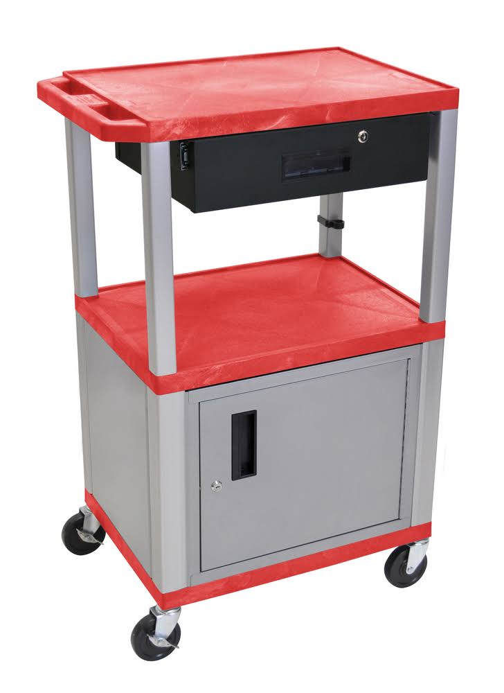 Red and Nickel Utility Cart with Cabinet and Drawer Q1354
