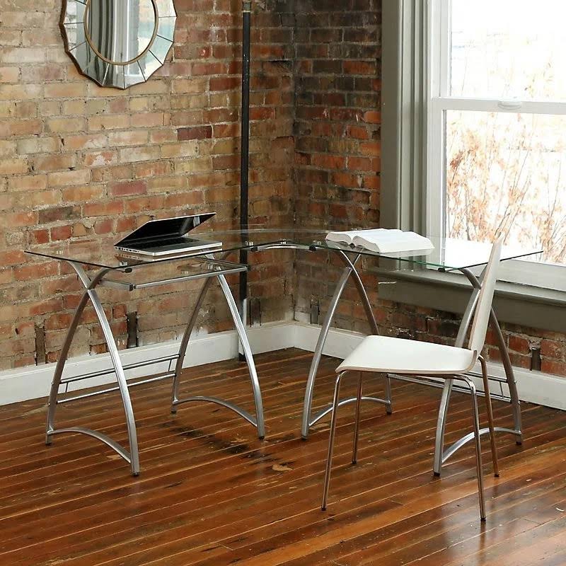 Silver / Clear Glass L-Shaped Metal Writing Desk H902