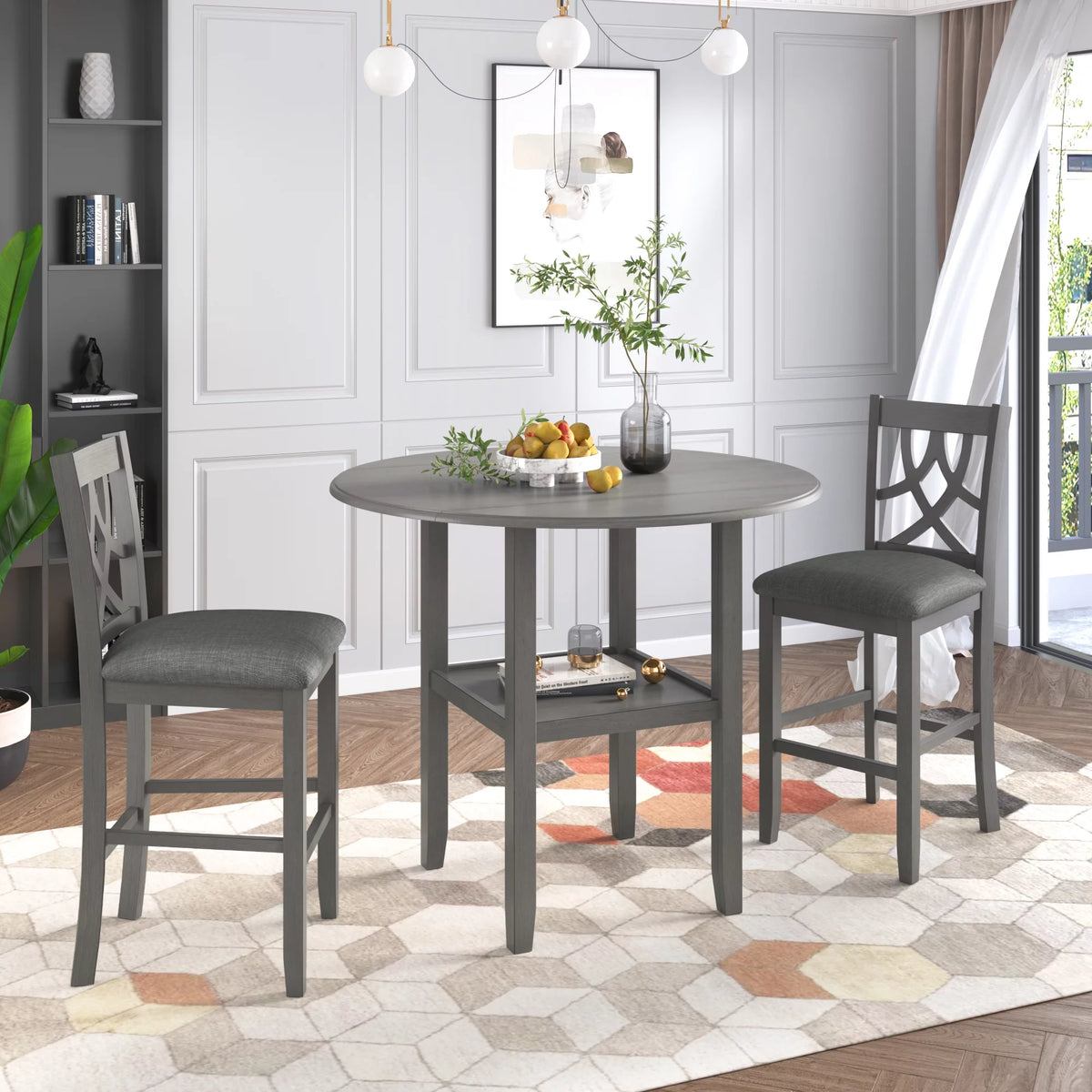 3 Piece Round Drop Leaf Dining Table Set with 2 Chairs U29677