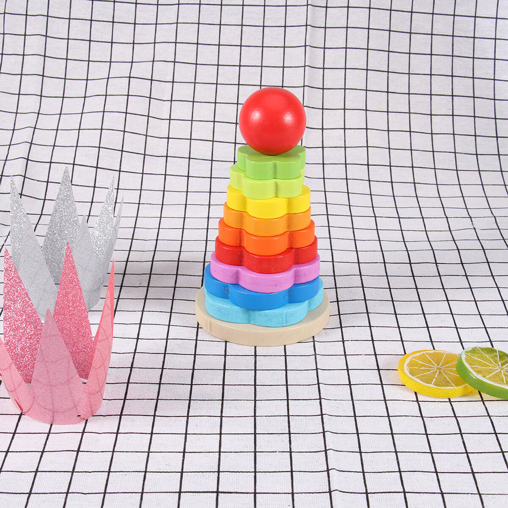 Rainbow Stacking Game Toy Circle Building Blocks Tower Educational Wooden Toy H54663