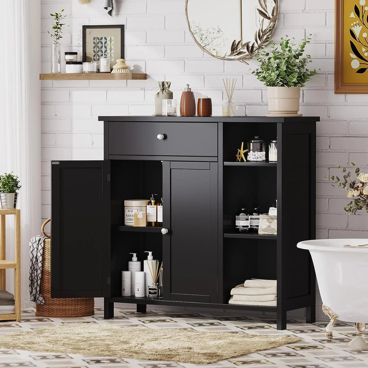 Black Freestanding Bathroom Cabinet with Drawer and Adjustable Shelf V14627