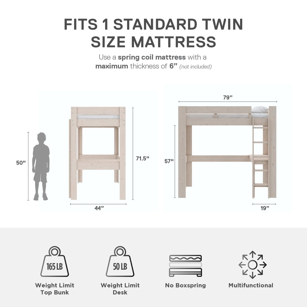 Twin Solid Wood Loft Bed with Desk A530