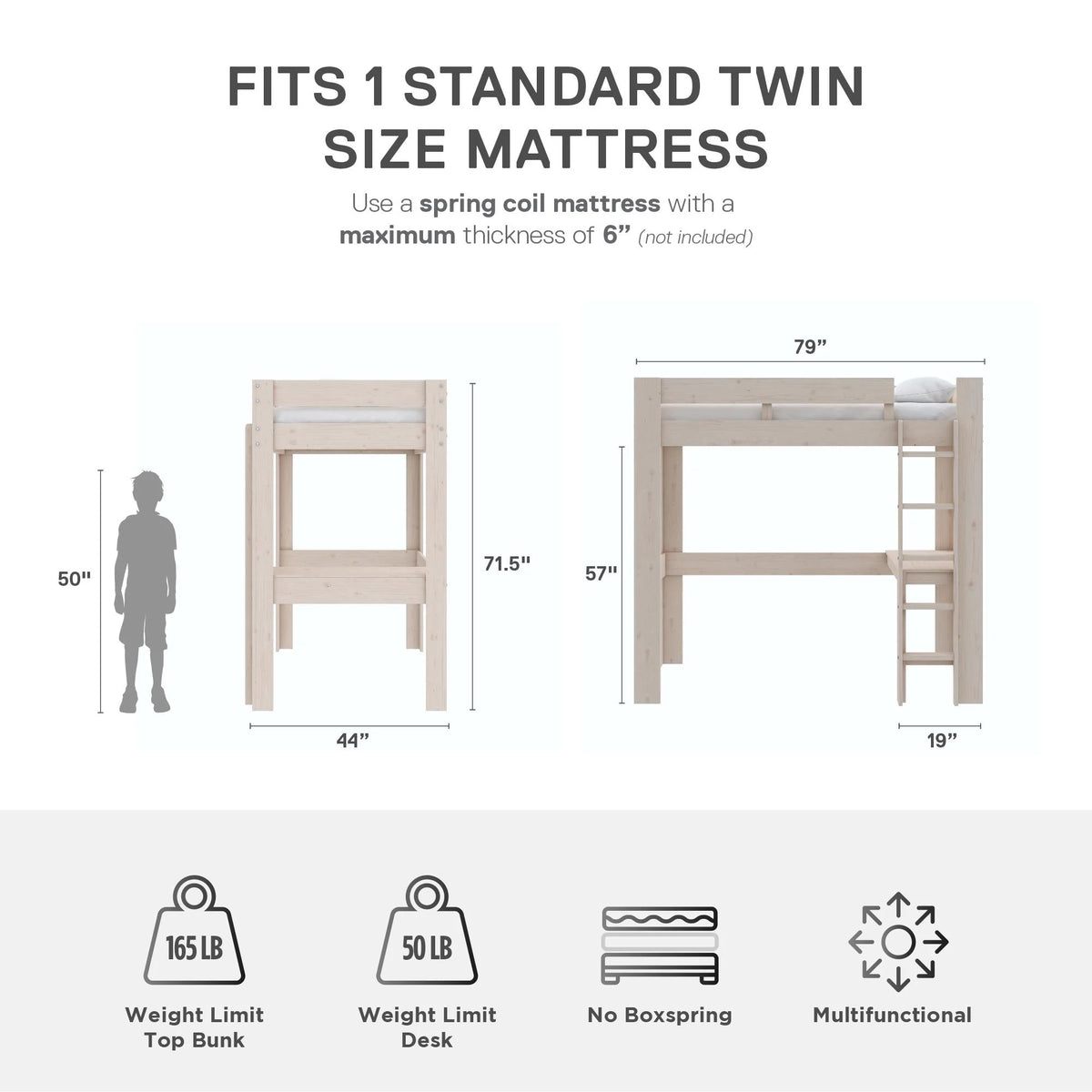Twin Solid Wood Loft Bed with Desk A530