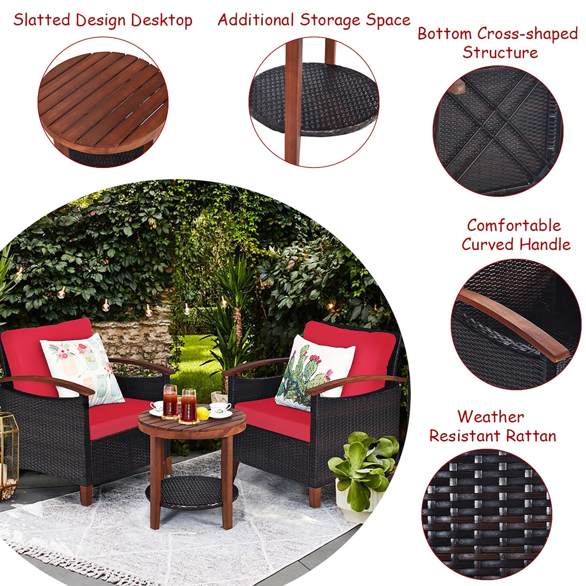 3 Pc Patio Rattan Furniture Set with Cushion V92533