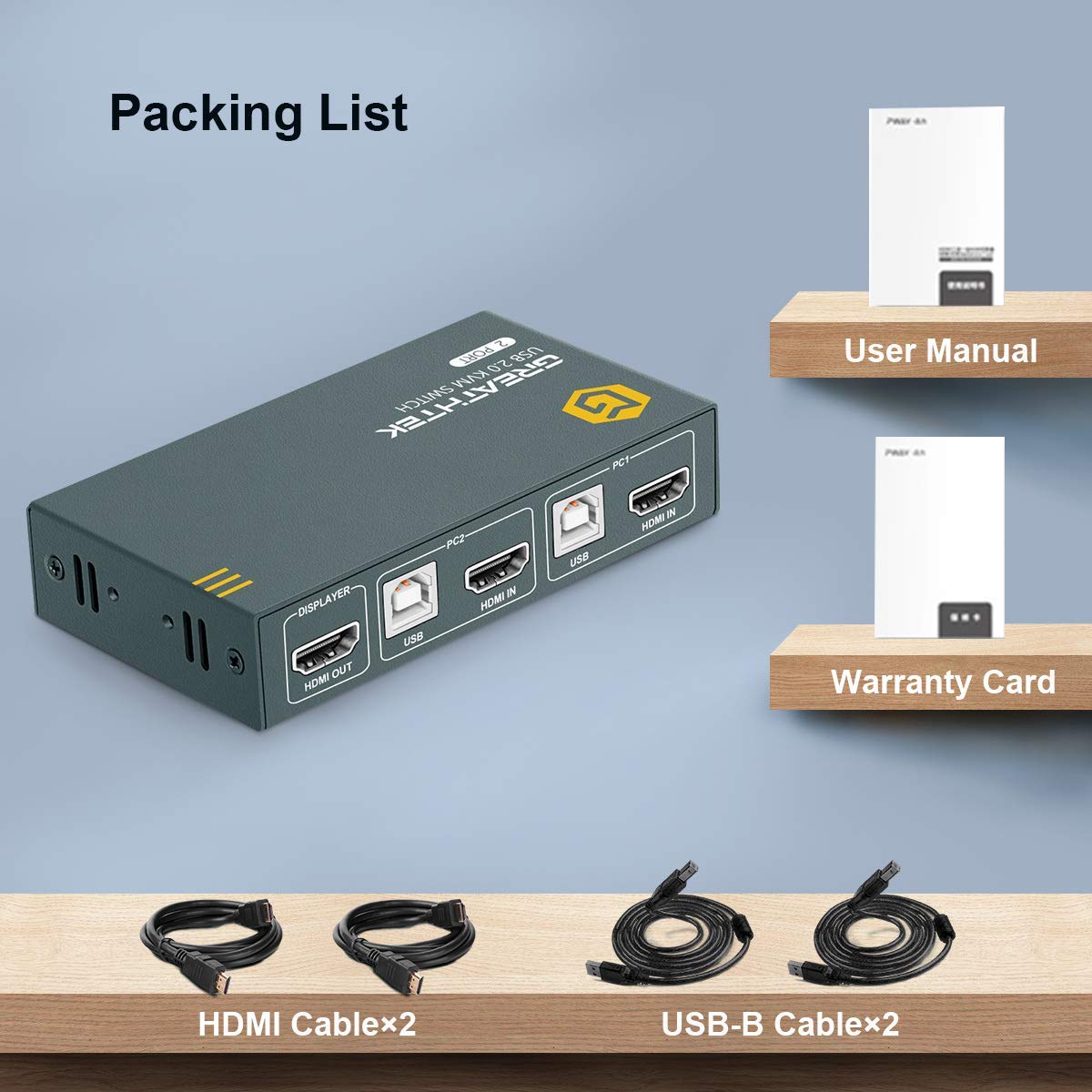 HDMI KVM Switch 2 Port, USB2.0, Ultra HD 4K @30Hz, 2 PC Share 1 Set of Keyboard, Mouse and Monitor, with 2 USB and 2 HDMI Cables, Support Wireless Keyboard and Mouse Pack of 2 G39253