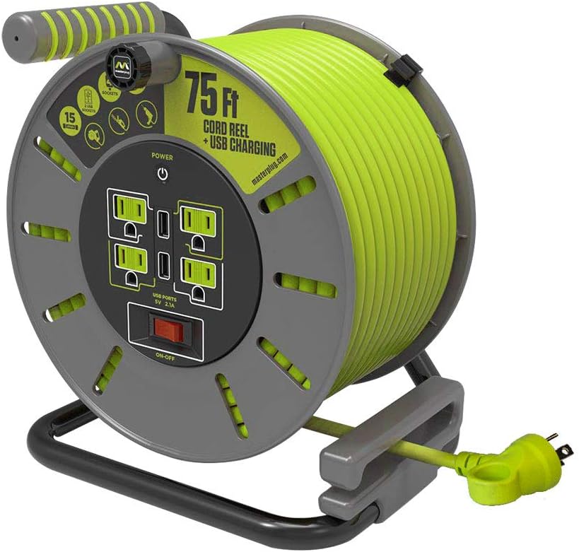 75 Feet 12AWG Power Outlet Cord Reel with USB Charging Ports C50628