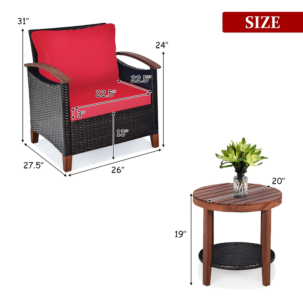 3 Pc Patio Rattan Furniture Set with Cushion V92533