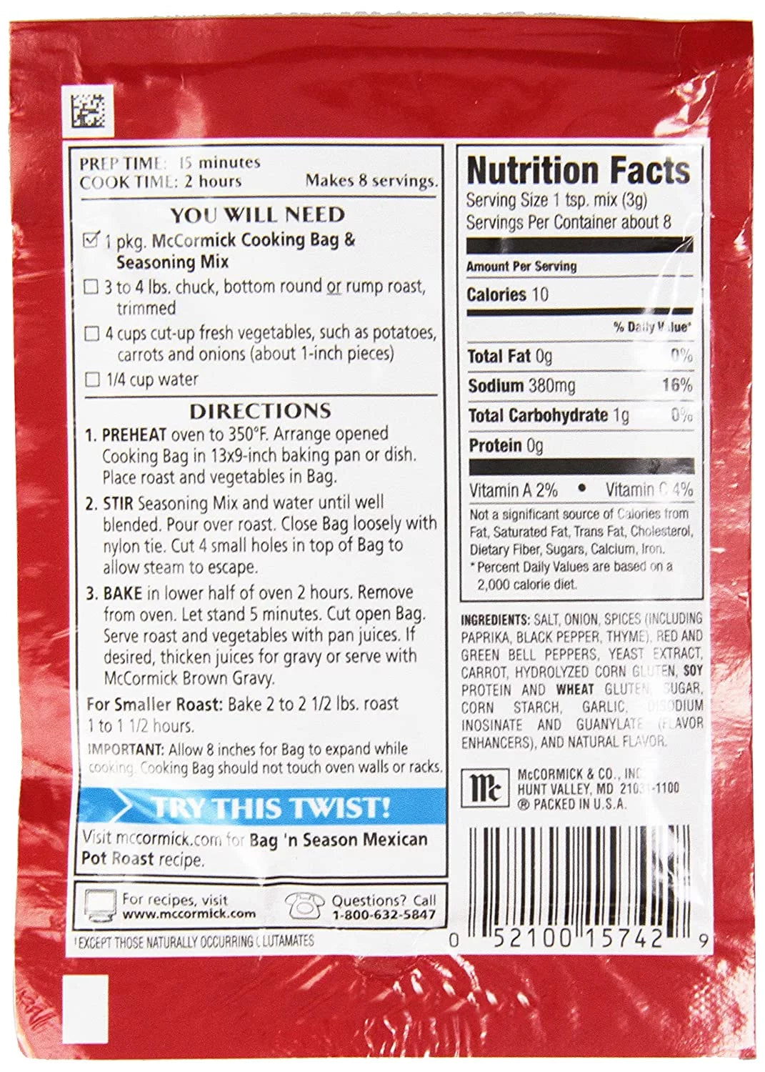 Pot Roast Cooking Bag & Seasoning Mix 0.81 Oz Pack Of 6 L5742
